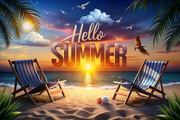 Hello Summer Beach Sunset Scene with Deck Chairs and Seagulls