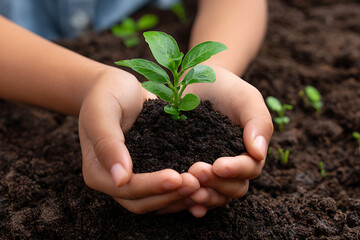 Childs hands holding seedling in dark soil child hands plant