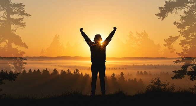 Person silhouette sunrise landscape achievement