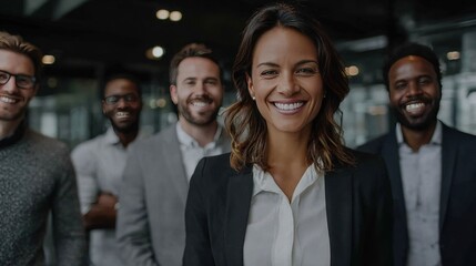 Obraz premium Confident Businesswoman Smiling with Diverse Professional Team in Modern Office
