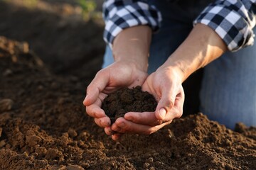 Man holding pile of soil in field, closeup