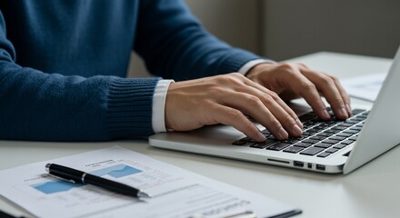 Person typing on laptop with business documents and pen on desk