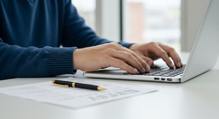 Person typing on laptop with pen and document on desk