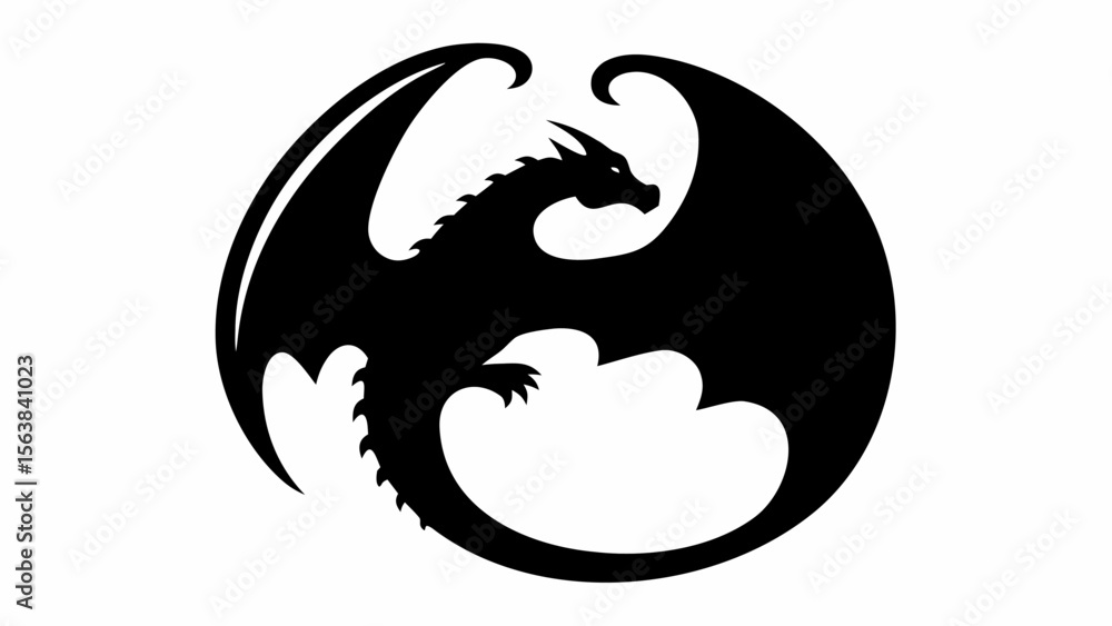 Poster silhouette of a dragon with large wings spread out in a circular shape on a white background design