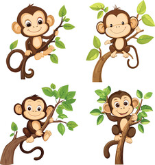 Naklejka premium Cute monkey play in tree vector style on white background