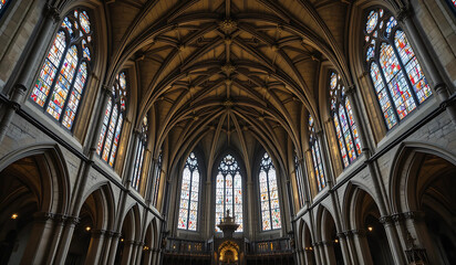 A majestic view of a Gothic church's interior, showcasing intricate ribbed vaulting, arched windows, and stonework.