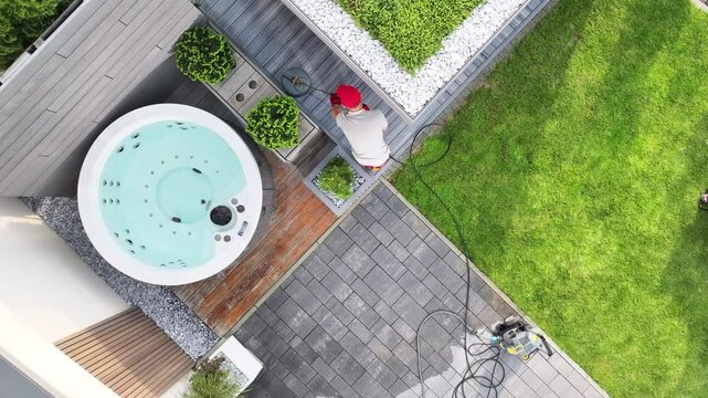 Home Garden Maintenance With Hot Tub Cleaning on a Sunny Day