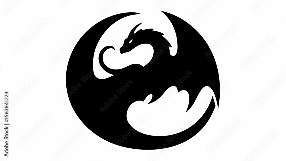 Poster silhouette of a dragon with wings and horns inside a circular shape on a white background design ele