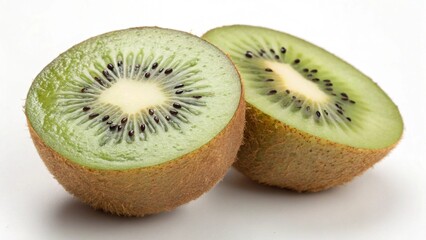 Two halves of fresh, vibrant kiwi fruit, close-up studio shot, bright and healthy.