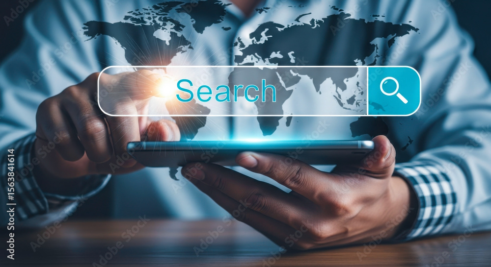 Poster search online internet digital technology global network connection world wide web communication con