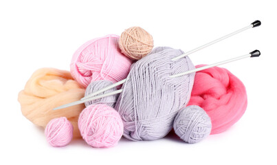 Felting wool and knitting yarn with needles isolated on white