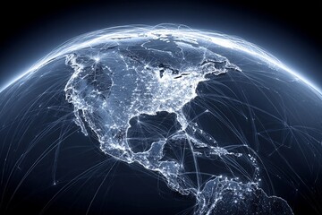 Visual representation of North America with network connections and glowing cities at night