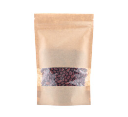 Zipper stand-up pouch with coffee beans isolated on white. Mockup for design