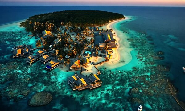 Aerial view of tropical island resort with overwater bungalows and turquoise ocean water view