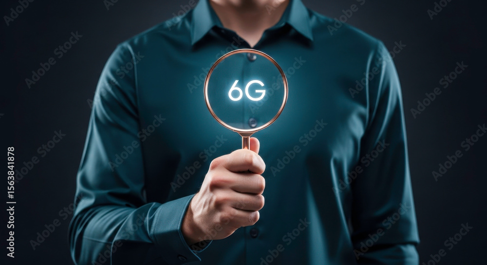 Poster exploring the future of wireless technology with g network magnifying glass on dark background conce
