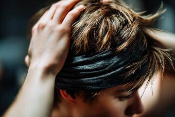Young athlete adjusts headband during intense training session at gym focusing on fitness and determination