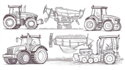 Agricultural tractors at work in a rural field, showcasing different farm equipment
