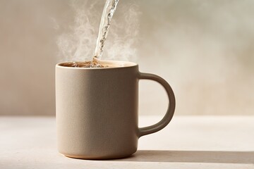 Steaming hot water poured into a beige ceramic mug on a wooden surface in a warm, inviting atmosphere