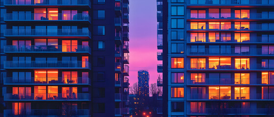 Two modern apartment buildings at dusk, glowing windows, purple and orange sunset, urban scene.
