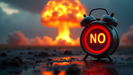 A vibrant, symbolic alarm clock with bold, futuristic fonts and metallic body stands prominently in the foreground