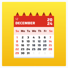 December 2024 calendar. Red calendar square. 2024 Weekend on saturday and sunday. Monthly template design. December 2024 date format calendar. Vector illustration.

