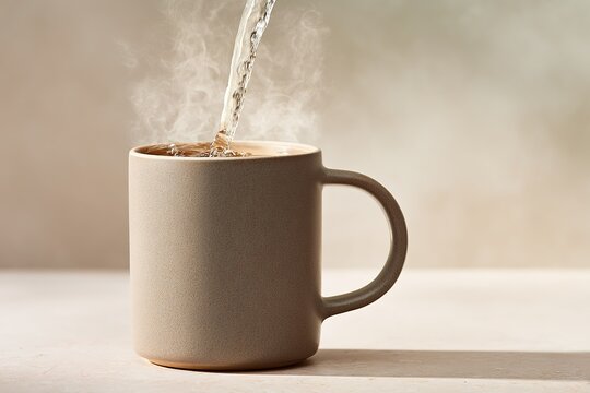 Steaming hot water poured into a beige ceramic mug on a wooden surface in a warm, inviting atmosphere - Powered by Adobe