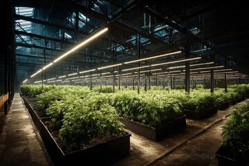 Indoor cannabis cultivation facility filled with healthy plants and bright lighting