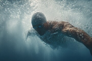 Competitive swimmer practicing freestyle stroke in a clear blue pool during morning training session