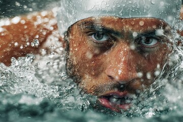 Fototapeta premium Intense swimmer focused on competition during an aquatic race at a local pool in the afternoon light