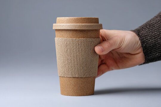 Hand holding a disposable coffee cup made from eco-friendly materials in a neutral background - Powered by Adobe