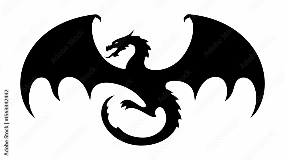 Poster silhouette of a dragon with large wings spread out and a curled tail on a white background centered 