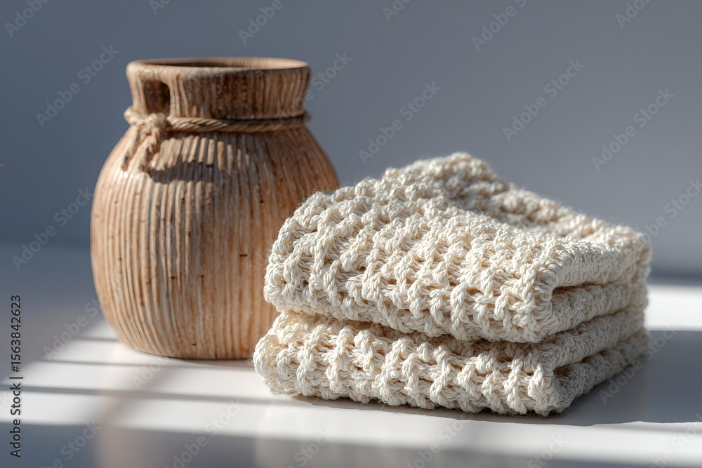 Poster soft handmade towels and a rustic vase on a sunlit surface in a cozy setting