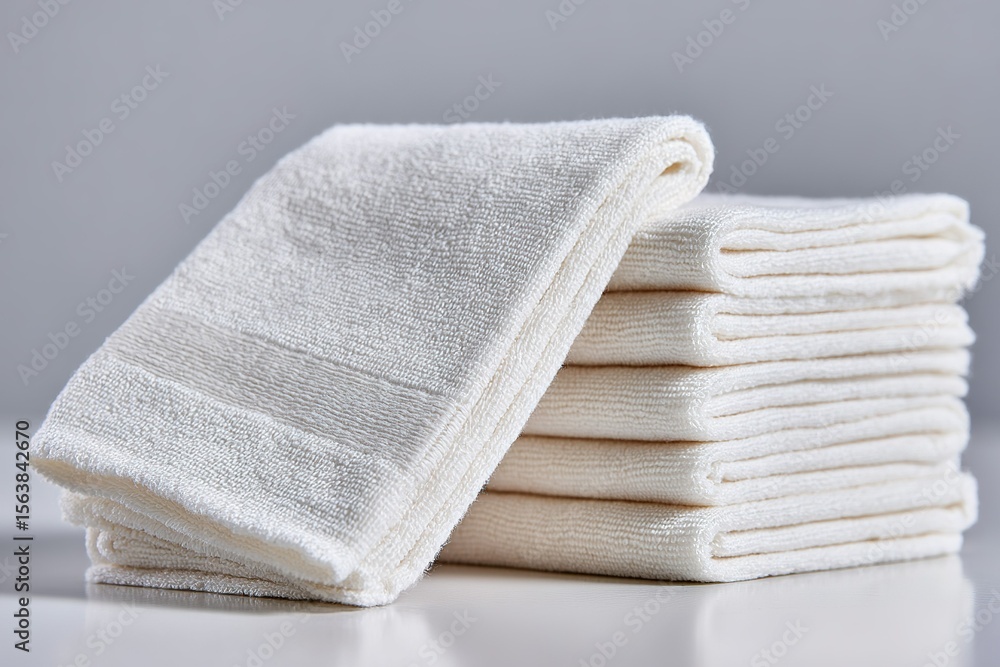 Poster stacked clean white towels showcasing softness and absorbency on a simple background in a bright ind