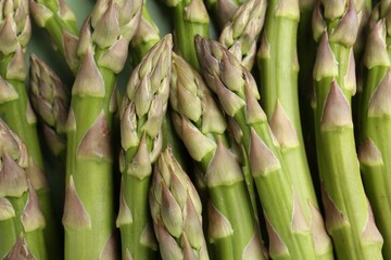 Many fresh raw asparagus spears as background, top view