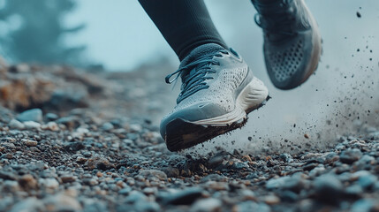 Trail Runner's Ascent: A determined trail runner strides with focused energy, kicking up a cloud of dust on a rugged mountain path, showcasing endurance and the spirit of adventure.