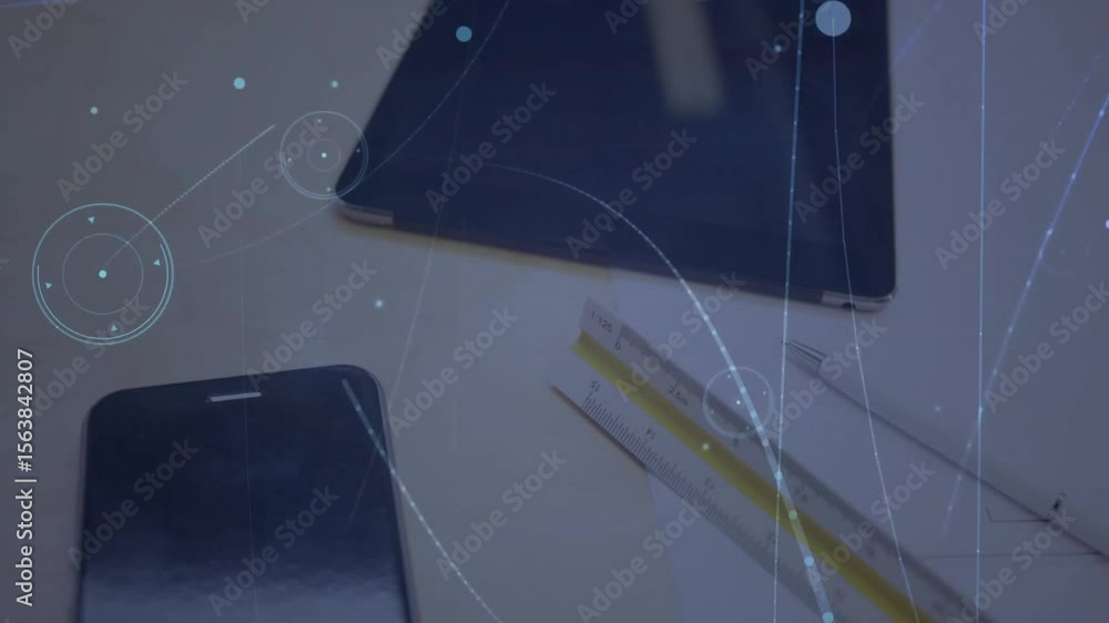 Poster specks drifting starting network lines tracing on tablet pulsing flare illustrating connectivity