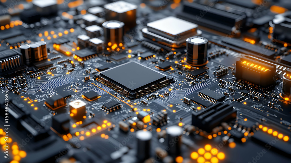 Poster close-up detailed shot of a circuit board, showcasing intricate components and glowing circuitry. id