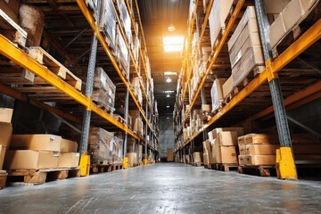 Fototapeta premium Warehouse interior with stacked boxes and bright lighting during daytime hours