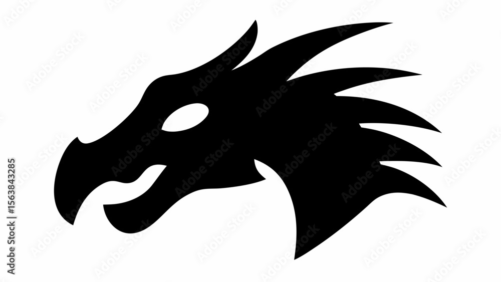Poster stylized black dragon head profile with sharp features and a fierce expression on a white background