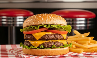 Hamburger with French fries