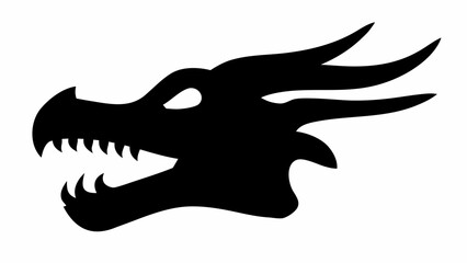 Fototapeta premium Silhouette of a dragon head with sharp teeth and horns in black and white simple illustration style design