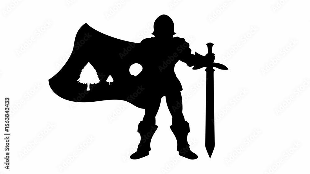 Poster silhouette of a knight with a cape displaying trees holding a sword in a black and white image