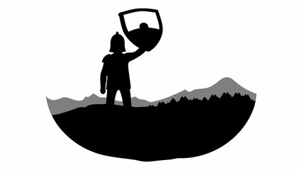 Fototapeta premium Silhouette of a knight holding a shield above a landscape with mountains and trees in black and white