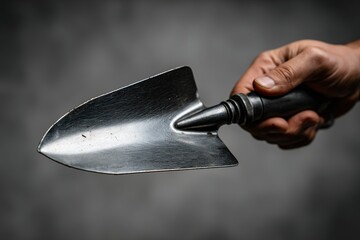Hand holding a garden trowel against a dark background for gardening activities or tools