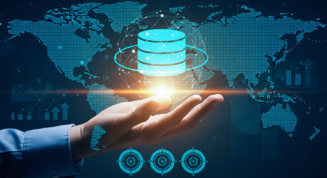 Data management cloud computing database solutions global network technology hand holding server - Powered by Adobe