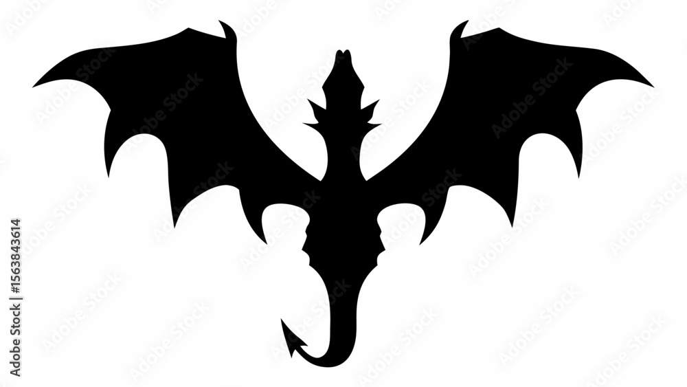 Poster silhouette of a dragon with outstretched wings and a curled tail in a symmetrical composition style 