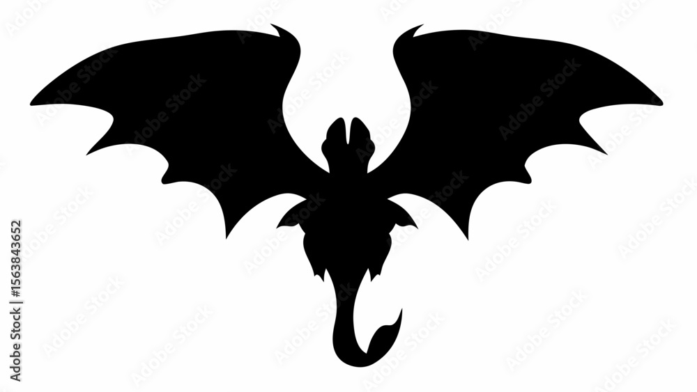 Poster silhouette of a toothless dragon with large wings spread out in a symmetrical and stylized design fo