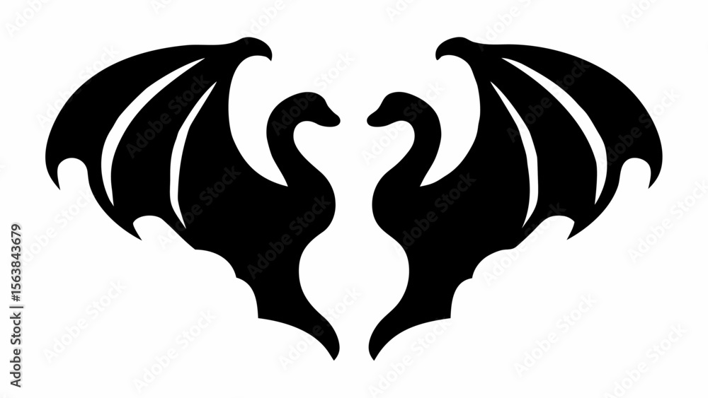 Aufkleber two symmetrical black swans facing each other with large wings on a white background design element