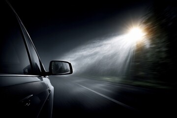 Obraz premium Nighttime drive on a foggy road with headlights illuminating the forest