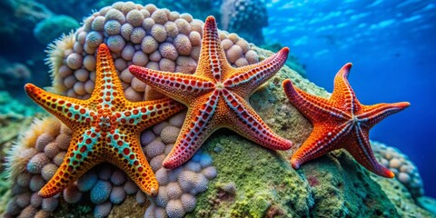 Vibrant orange and teal starfish clinging to a coral reef in a clear ocean